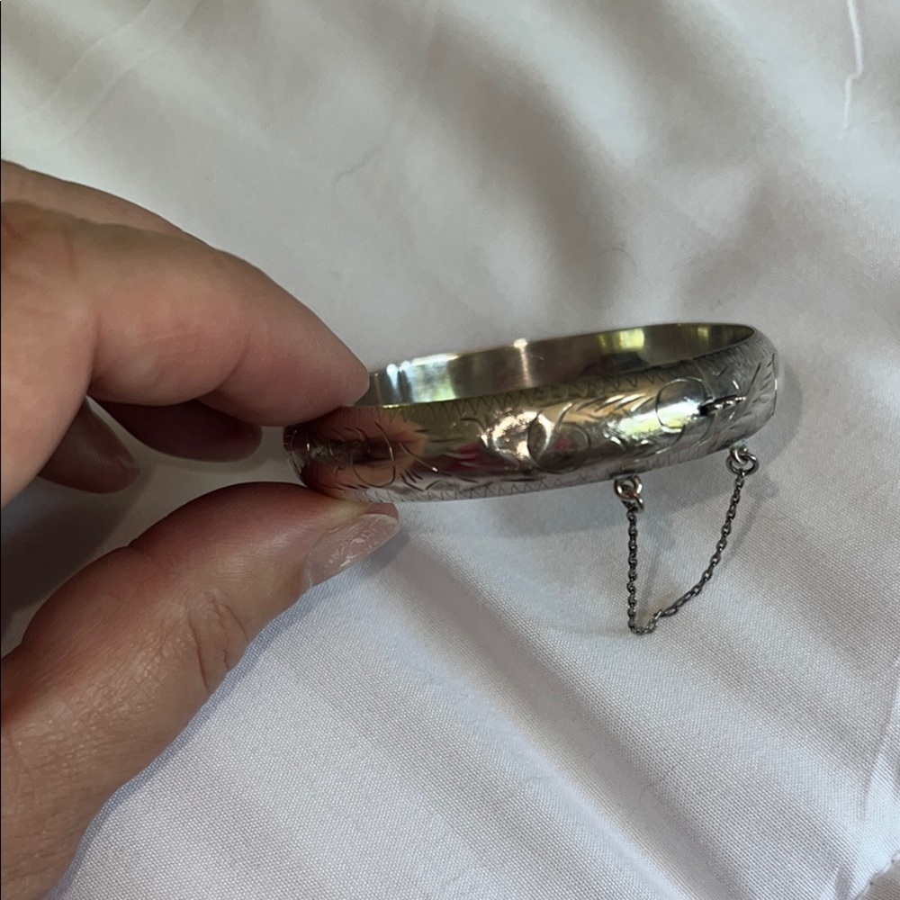 Wide Silver Bangle with Chain